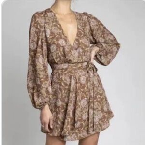 Resa Willow brown floral long sleeve wrap mini dress size small new with tags